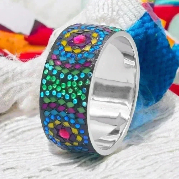 Y2K Artisan Handmade One-of-a-Kind Crystals & Rhinestones Mosaic Bangle Bracelet - Picture 9 of 13